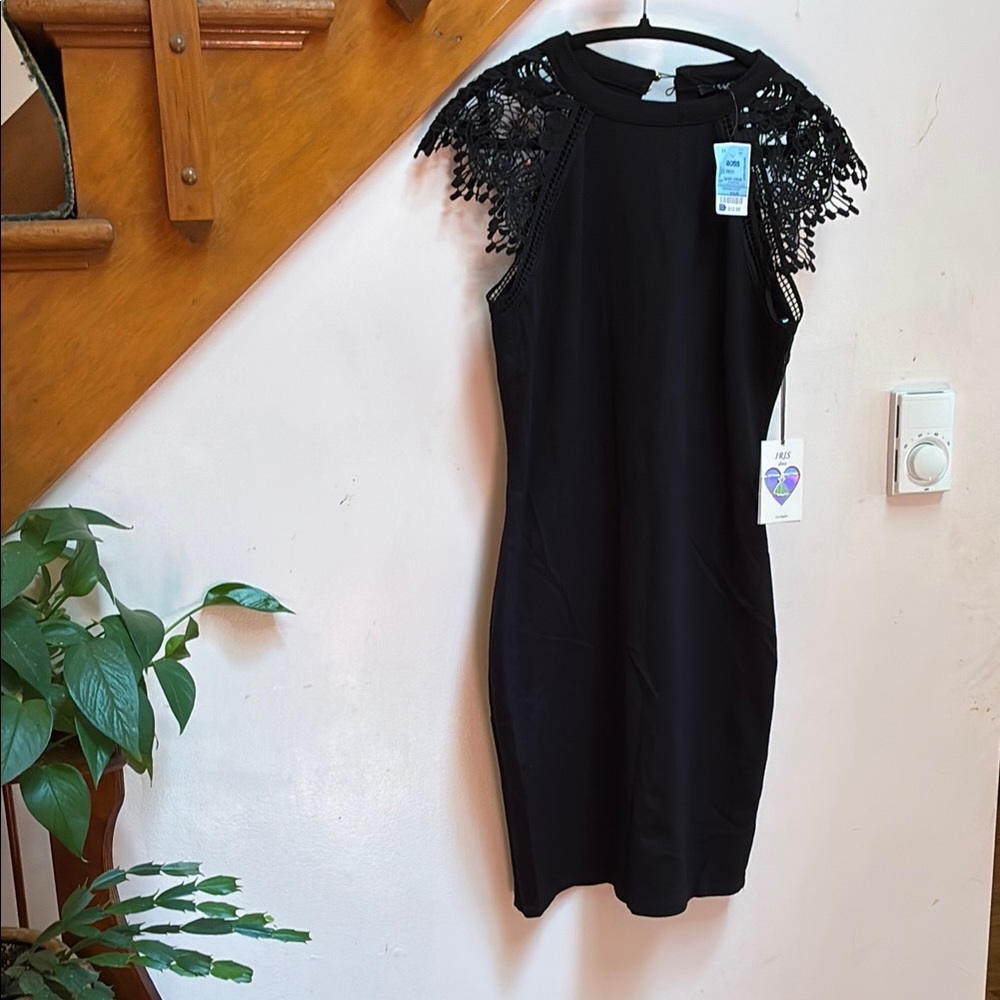 Iris Black Dress with Lace Shoulders